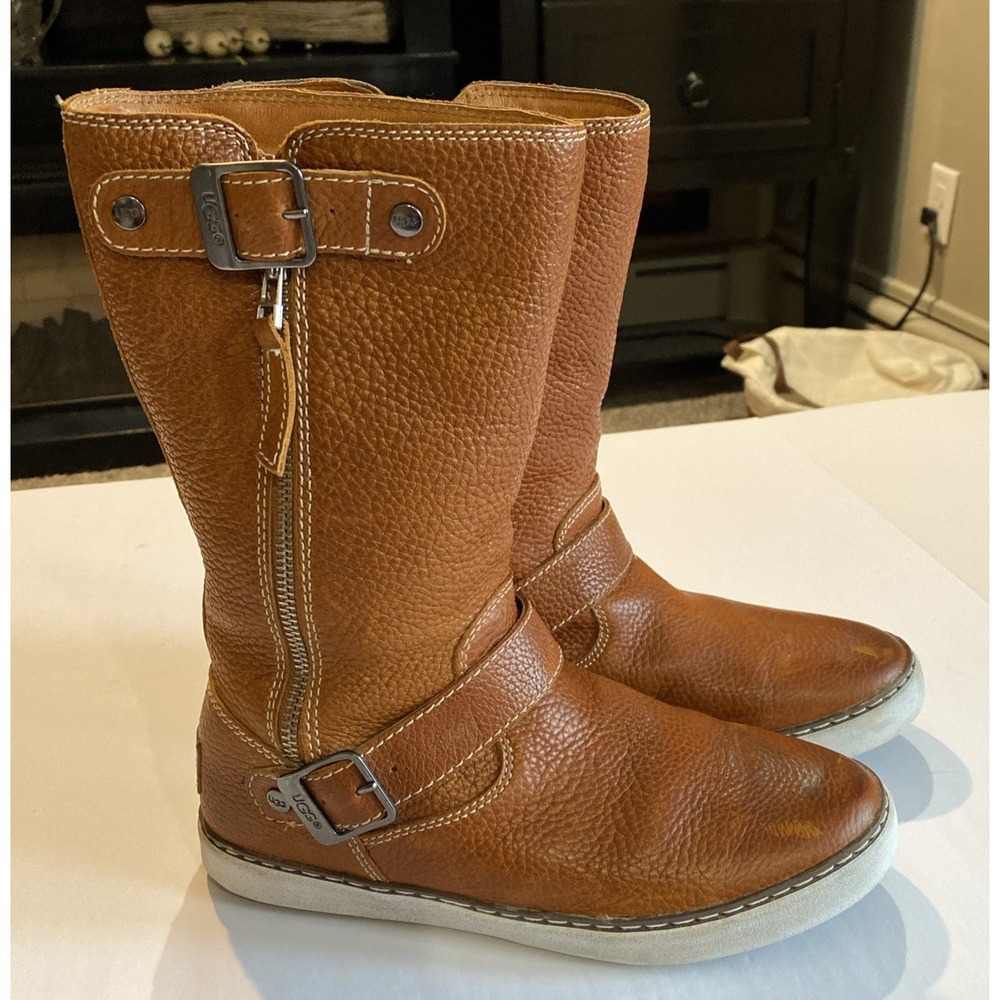 Ugg Sz 7.5 Australia Boots Andra Brown Pebbled Leather 1005043 Buckle Zip Women